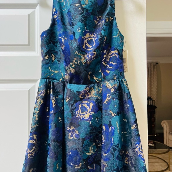 NWT ABS Elegant Blue and Gold dress with cutout back size 7 - Picture 2 of 13